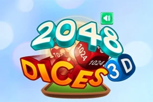 2048 Dices 3D színes, térbeli logóval, háttérben kockák számos oldalai és bekapcsolható hang ikon