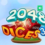 2048 Dices 3D színes, térbeli logóval, háttérben kockák számos oldalai és bekapcsolható hang ikon