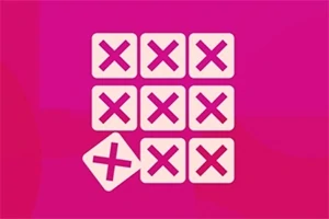 Kilenc rubrikából álló rács, mindegyikben egy-egy rózsaszín X, háttérben élénk pink színnel