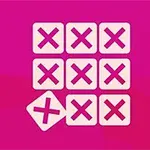 Kilenc rubrikából álló rács, mindegyikben egy-egy rózsaszín X, háttérben élénk pink színnel