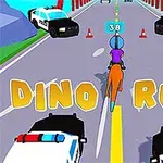 Rajzfilmszerű figura lovagol egy dinoszauruszon, autók és útszéli bóják között egy út közepén