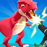 Egy piros dinoszaurusz szembenéz egy futurisztikus kinézetű fekete fegyverrel, amely fényt és szikrákat bocsát ki