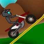 Egy motoros figura egy meredek sárga lejtőn halad felfelé, háttérben hegyekkel