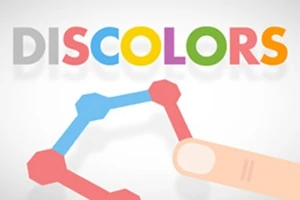 A kép színes geometriai formákat és egy ujjat ábrázol, amint egy összekapcsolt, hatszögletű mintát érint, a háttérben a DISCOLORS felirattal