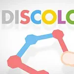 A kép színes geometriai formákat és egy ujjat ábrázol, amint egy összekapcsolt, hatszögletű mintát érint, a háttérben a DISCOLORS felirattal