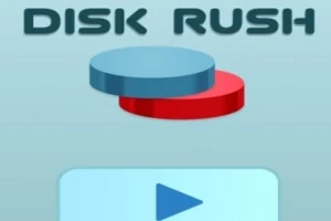 Két egymásra helyezett korong, egy kék és egy piros, felettük a DISK RUSH felirat, alattuk egy kék lejátszás gomb