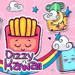 Rajzfilm stílusú kép színes hasábburgonya figurával, felhőkkel, szivárvánnyal és néhány lebegő élelmiszer ikonokkal rózsaszín háttér előtt