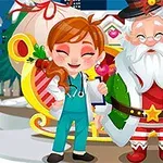 Karácsonyi jelenet: egy fiatal nővér és egy mosolygó idősebb férfi, mikulásruhában, egy rénszarvassal és egy díszes szánnal a háttérben