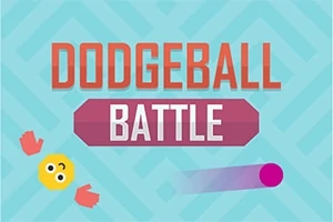 Színes grafika kék háttérrel, DODGEBALL BATTLE felirattal, sárga mosolygó arc, piros kesztyűk, és lila labda