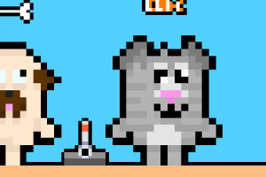 Pixeles grafika, amelyen egy szürke macska, egy emberfigura és egy joystick látható világoskék háttér előtt