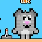 Pixeles grafika, amelyen egy szürke macska, egy emberfigura és egy joystick látható világoskék háttér előtt
