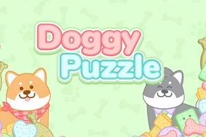 Két rajzolt kutya mosolyog, színes kekszekkel körülvéve, rózsaszín és kék Doggy Puzzle felirattal világoszöld háttér előtt
