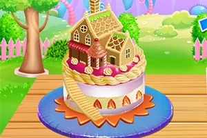 Mézeskalácsház formájú torta színes udvari háttérrel