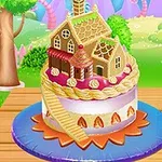 Mézeskalácsház formájú torta színes udvari háttérrel