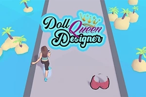 Egy futó nő szigetekkel és pálmafákkal teli kék háttér előtt, középen a Doll Queen Designer felirattal