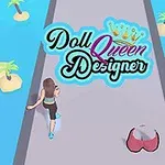 Egy futó nő szigetekkel és pálmafákkal teli kék háttér előtt, középen a Doll Queen Designer felirattal