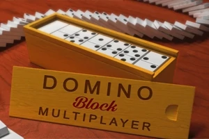 Sárga doboz, benne fekete pöttyökkel ellátott dominók és egy Domino Block Multiplayer felirat, háttérben eldőlt dominók