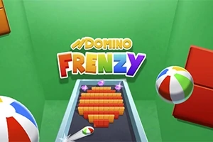 Színes betűkkel írt Domino Frenzy felirat zöld háttér előtt, strandlabdák és dominók egy pályán elrendezve