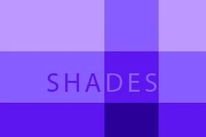Kék és lila árnyalatú négyzetek mozaikszerű elrendezésben, középen az SHADES felirattal