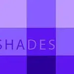 Kék és lila árnyalatú négyzetek mozaikszerű elrendezésben, középen az SHADES felirattal