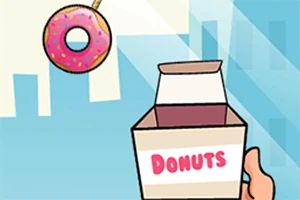 Egy kéz egy Donuts feliratú dobozt tart, miközben egy rózsaszín cukormázas fánk lóg előtte egy zsinóron