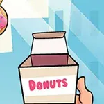 Egy kéz egy Donuts feliratú dobozt tart, miközben egy rózsaszín cukormázas fánk lóg előtte egy zsinóron