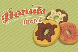Három különböző színű fánk barna, krémszínű és rózsaszín mázzal egy zöld csíkos háttér előtt, mellette a Donuts Match felirat