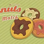 Három különböző színű fánk barna, krémszínű és rózsaszín mázzal egy zöld csíkos háttér előtt, mellette a Donuts Match felirat