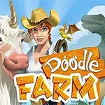 Kép egy kalapos, mosolygó nő alakról, aki egy egyszarvú mellett áll, háttérben dinoszaurusz fejjel és „Doodle Farm” felirattal