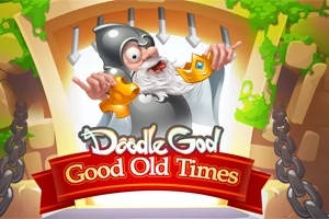 Rajzfilmszerű öregember páncélban, koronát tartva, piros szalagos felirattal: Good Old Times