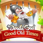 Rajzfilmszerű öregember páncélban, koronát tartva, piros szalagos felirattal: Good Old Times