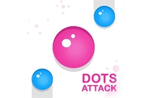 Rózsaszín és kék gömbök lebegnek fehér háttér előtt, alul Dots Attack felirattal