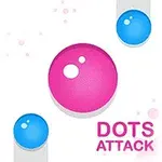 Rózsaszín és kék gömbök lebegnek fehér háttér előtt, alul Dots Attack felirattal
