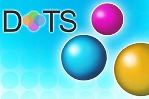 Három színes gömb, rózsaszín, kék, és sárga, lebeg a világoskék háttér előtt, DOTS felirattal