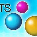 Három színes gömb, rózsaszín, kék, és sárga, lebeg a világoskék háttér előtt, DOTS felirattal