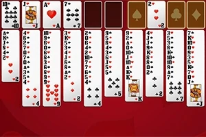 Piros háttér előtt kártyalapok különböző oszlopokban rendezve