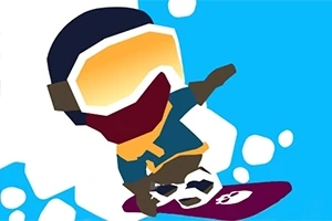 Rajzolt figura sárga szemüvegben és kék ruhában snowboardozik élénk kék háttér előtt