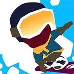 Rajzolt figura sárga szemüvegben és kék ruhában snowboardozik élénk kék háttér előtt