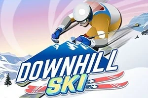 Síelő figura ugrik lefele havas lejtőn színes háttér előtt, a képen a Downhill Ski felirat is szerepel