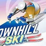 Síelő figura ugrik lefele havas lejtőn színes háttér előtt, a képen a Downhill Ski felirat is szerepel
