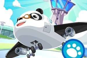 Rajzfilm stílusú panda-repülőgép mosolyog és repül a kék ég alatt egy repülőtér közelében