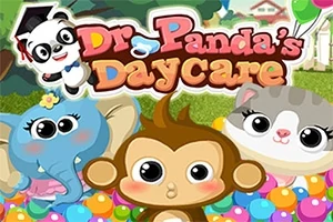 Rajzfilmes elefánt, majom és cica színes labdák között, háttérben egy pandamaci és a Dr