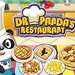 Egy mosolygó panda séf sapkában, különféle ételekkel, például pitével, pizzával, tésztával, és italokkal egy színes asztalnál