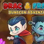Két rajzfilmszerű figura, egy vámpír és egy Frankenstein-szerű lény, áll egymás mellett egy színes, kristályokkal díszített háttér előtt