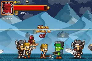 Pixel art stílusú harci jelenet, ahol két karakter, egy király és egy zöld szörny, más karakterek környezetében állnak havas hegyek és épületek előtt