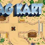 Homokos versenypálya fészkelve természeti elemek és versenyszerű akadályok között a Drag Kart felirattal a kép tetején