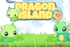 Aranyos, zöld sárkányfigurák egy füves mezőn, háttérben a DRAGON ISLAND felirattal