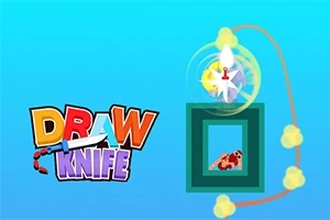 Színes DRAW KNIFE felirat bal oldalon, jobb oldalon egy zöld négyzetben pihenő barna tárgy, felette forgó penge és vonalból álló sárga kör