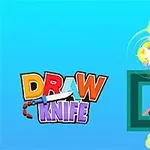 Színes DRAW KNIFE felirat bal oldalon, jobb oldalon egy zöld négyzetben pihenő barna tárgy, felette forgó penge és vonalból álló sárga kör