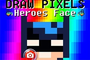 Színes, pixeles háttér előtt egy maszkos figura arca látható, felül Draw Pixels: Heroes Face felirattal